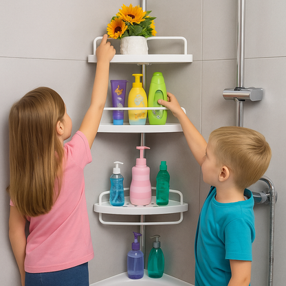 Esquinero de Ducha de 4 Niveles – Barra a Presión, Inox + PP, Drenaje & Toallero 360°