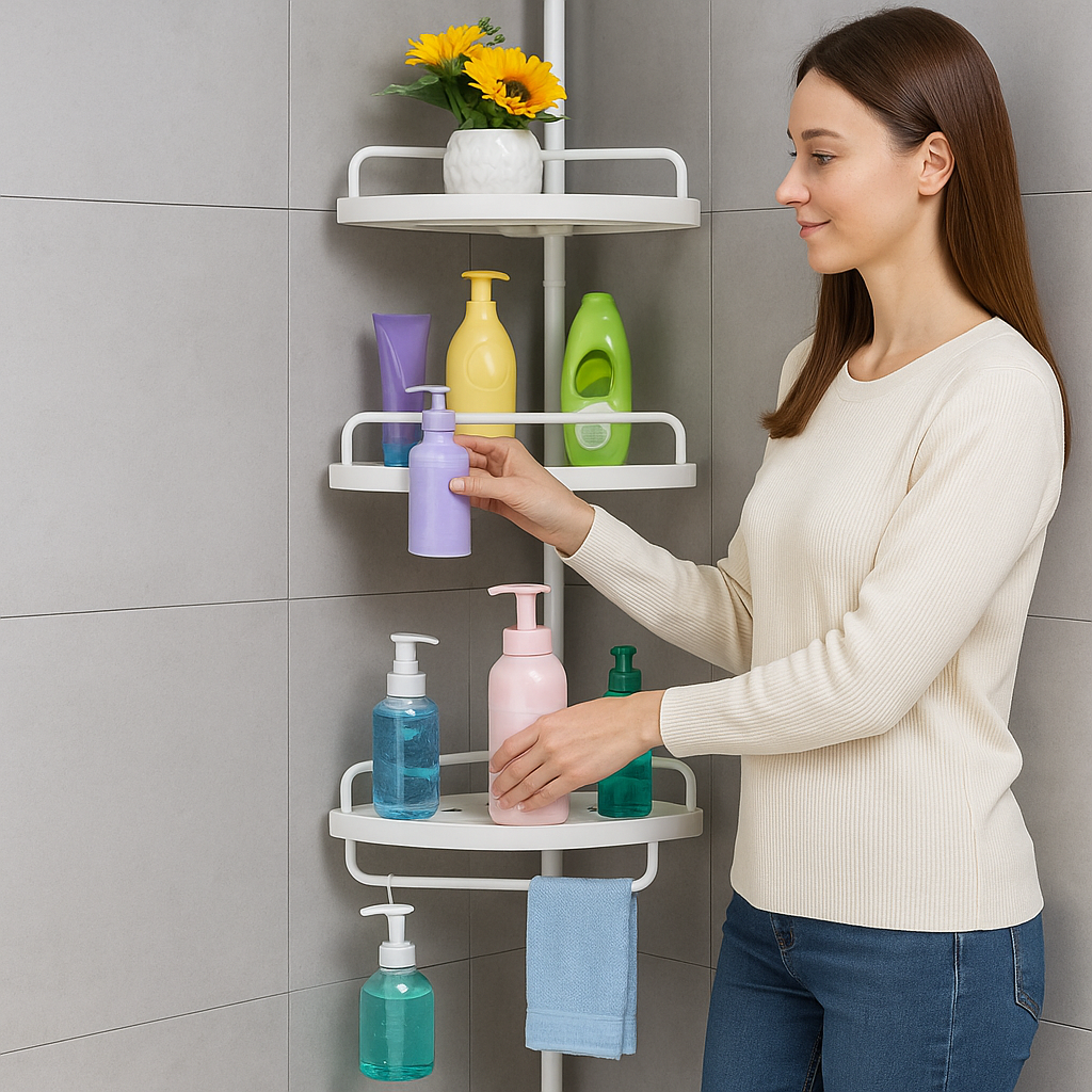 Esquinero de Ducha de 4 Niveles – Barra a Presión, Inox + PP, Drenaje & Toallero 360°