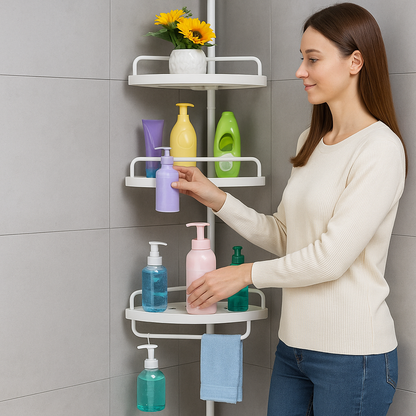 Esquinero de Ducha de 4 Niveles – Barra a Presión, Inox + PP, Drenaje & Toallero 360°