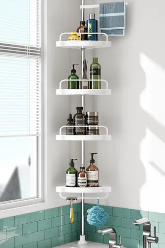 Esquinero de Ducha de 4 Niveles – Barra a Presión, Inox + PP, Drenaje & Toallero 360°